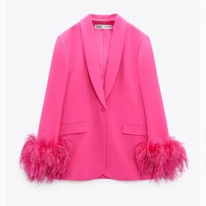 Zara Pink Straight Cut Feather Blazer Small